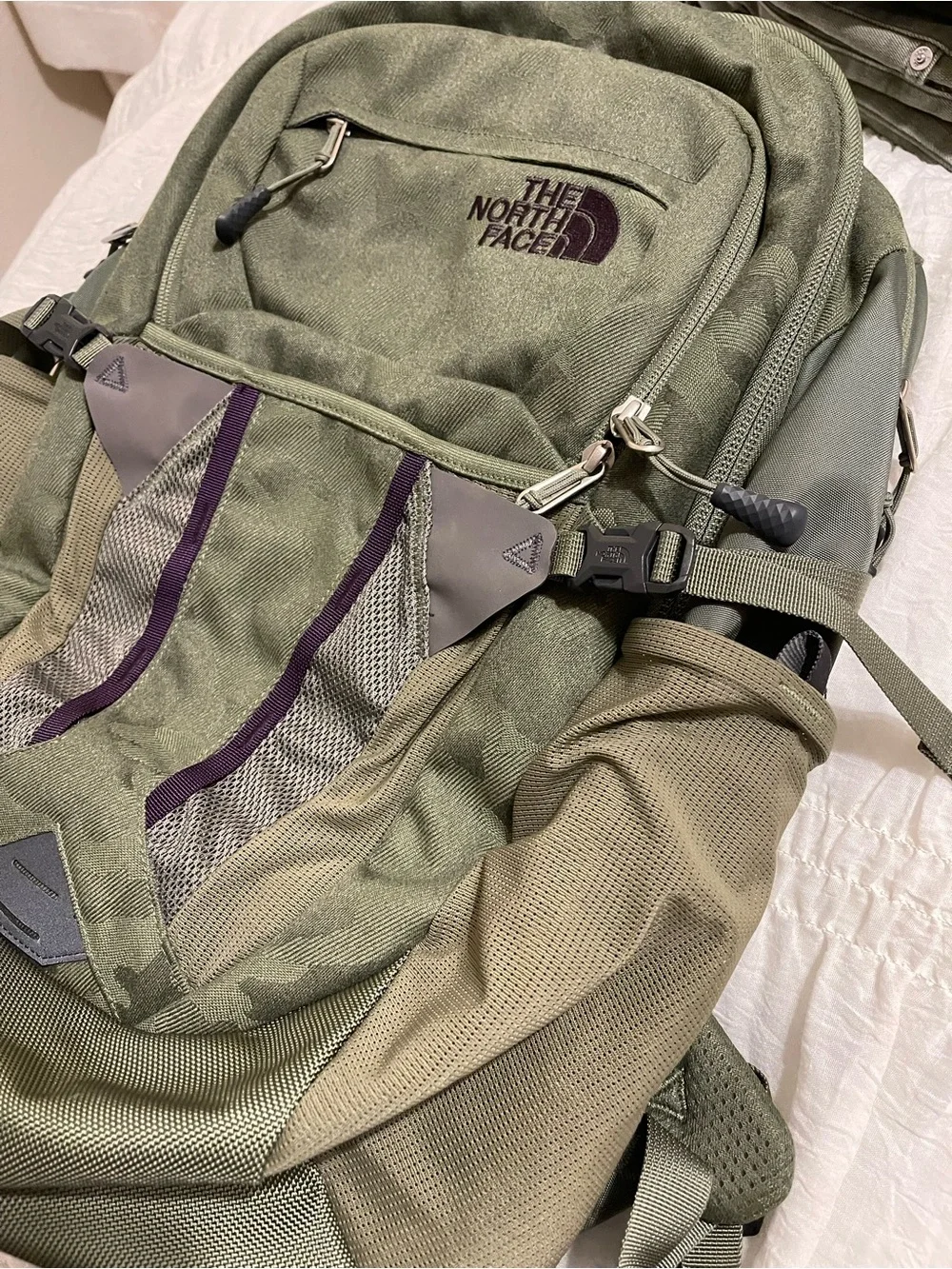 The North Face Olive Green & Purple Backpack